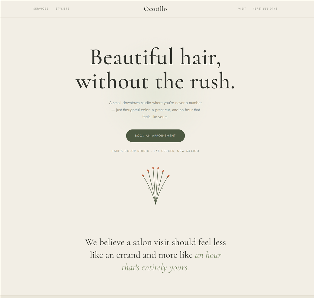 The Ocotillo Salon website homepage